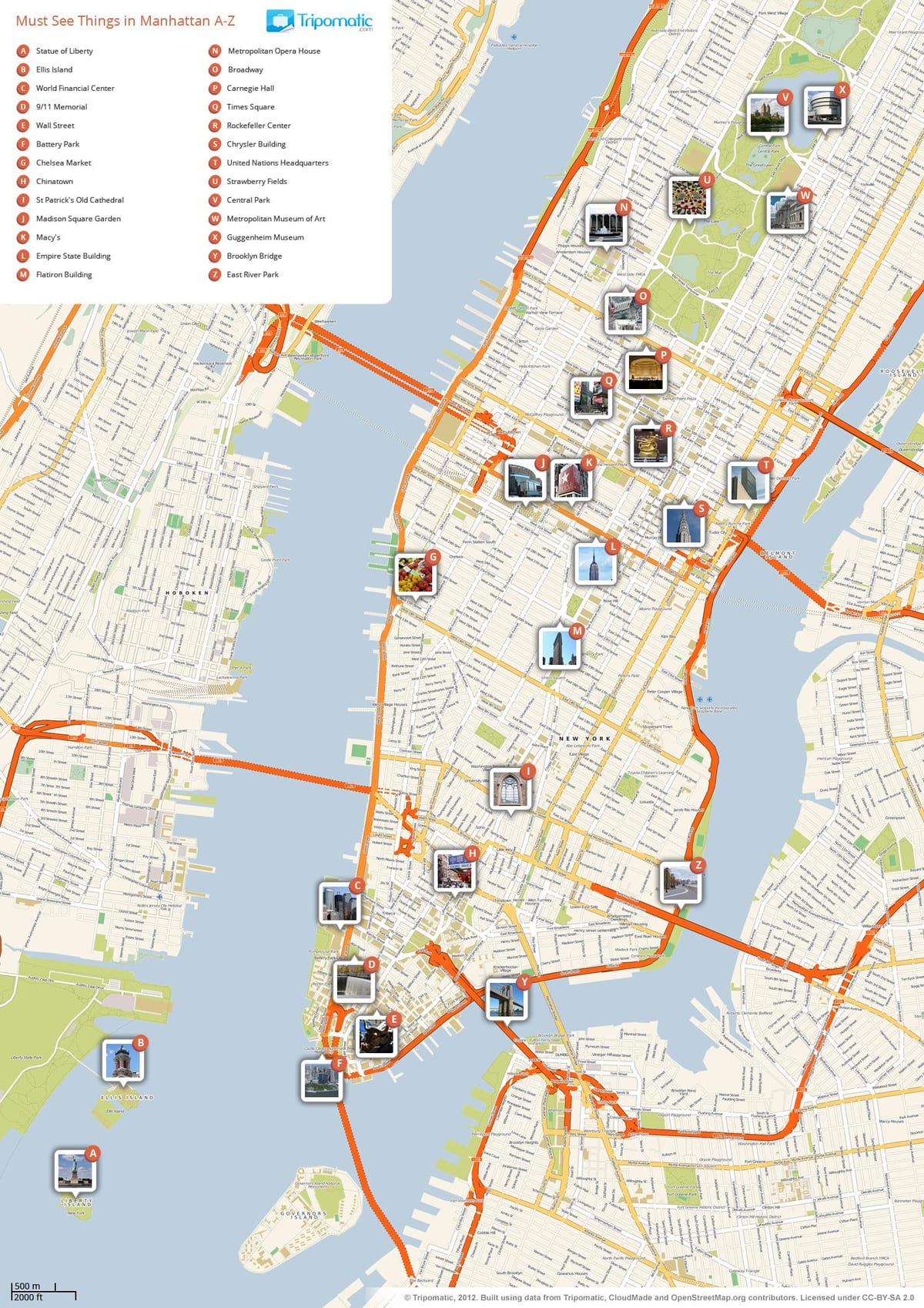 kat jeyografik nan Manhattan ki montre atraksyon touris