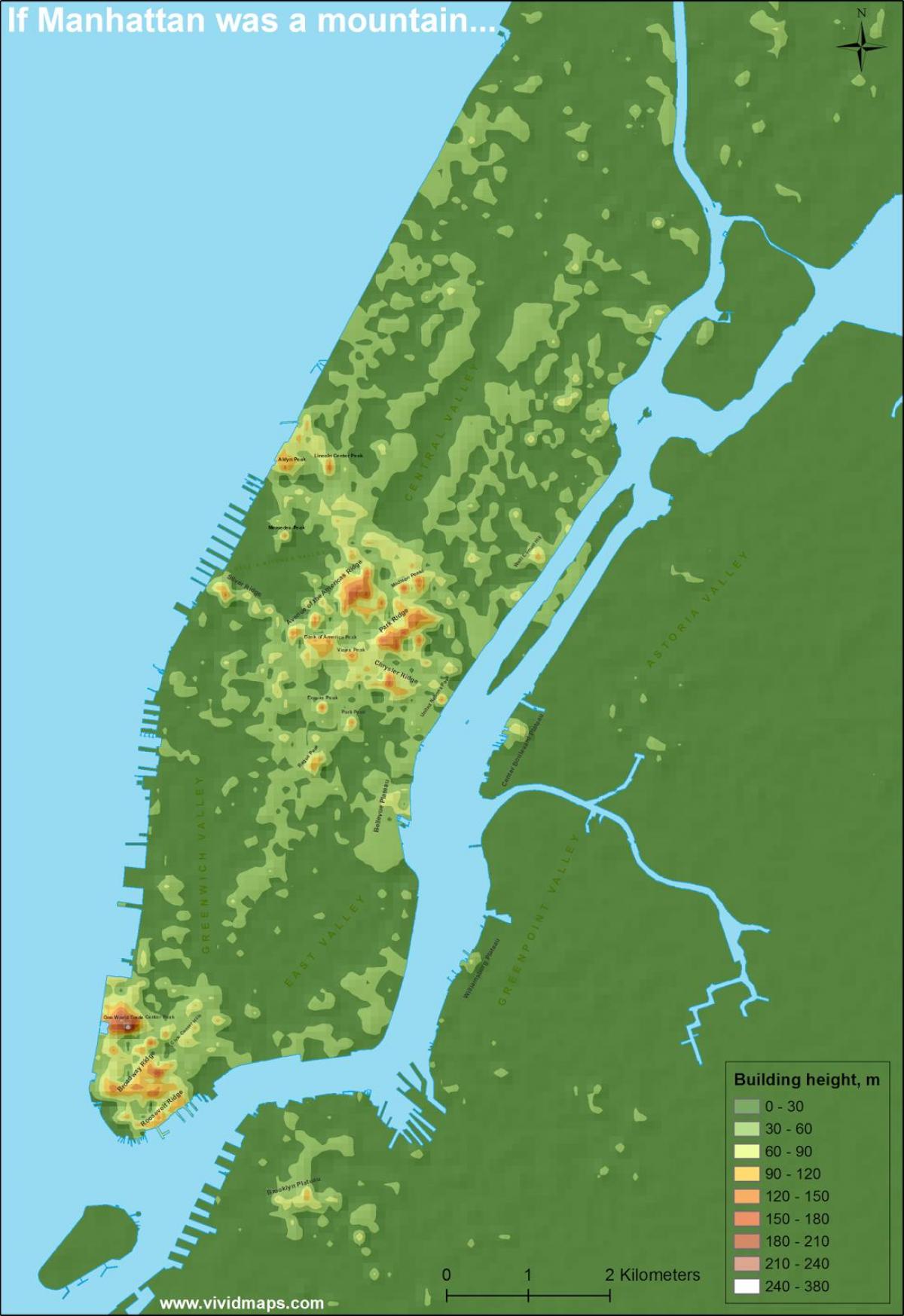 kat jeyografik nan Manhattan topografik